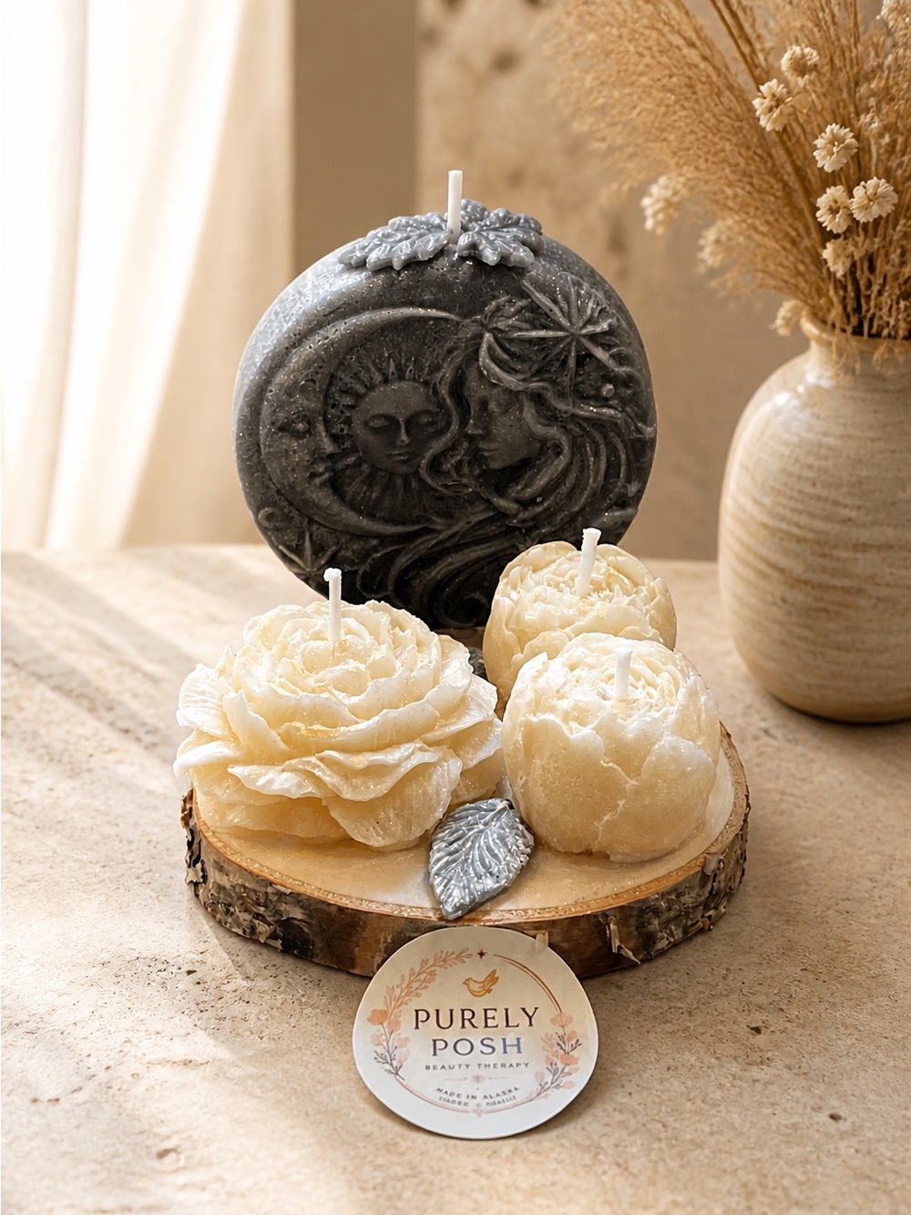 Sun & Moon Celestial Star Dust Soy Candle Set Flowers on Live Edge Alaskan Birch